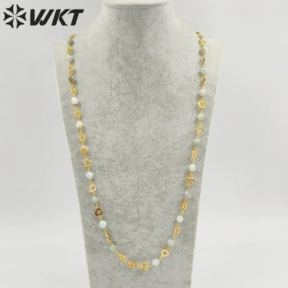 WT-N1435 Gorgeous Natural Colorful Beads Chain 90cm Long Handmade Wire Wrapped Rosary Beads Chain Necklace