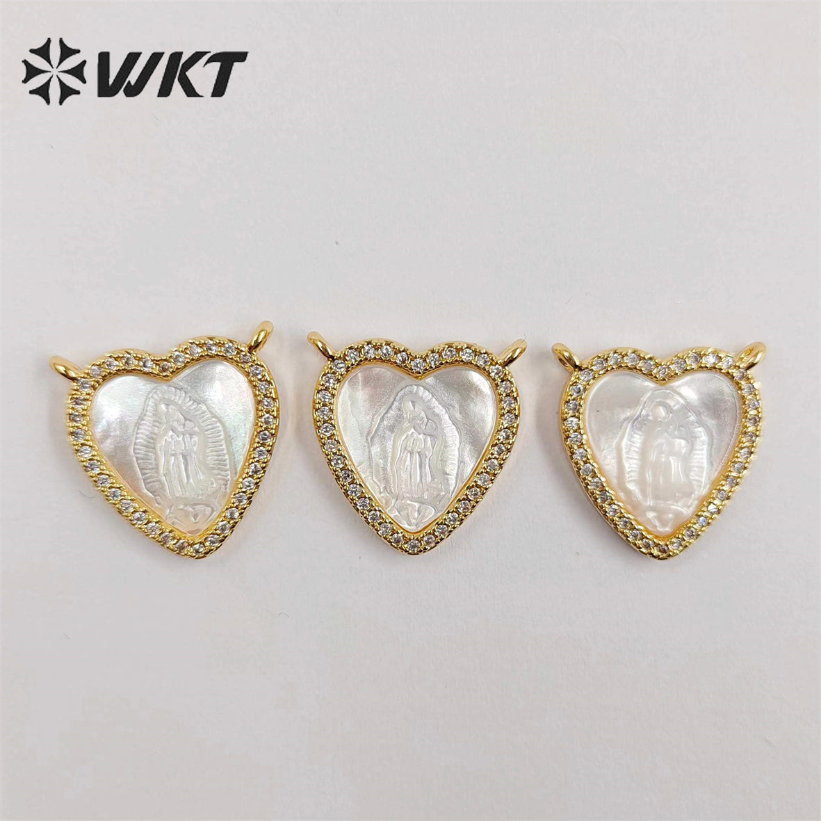 WT-JP328 Wholesale Small MOP Shell Carve Micropavd Lady Virgin Mary Gudalupe Charms Lovely Heart Religion Miraculous Pendant