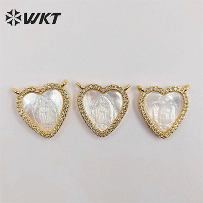 WT-JP328 Wholesale Small MOP Shell Carve Micropavd Lady Virgin Mary Gudalupe Charms Lovely Heart Religion Miraculous Pendant