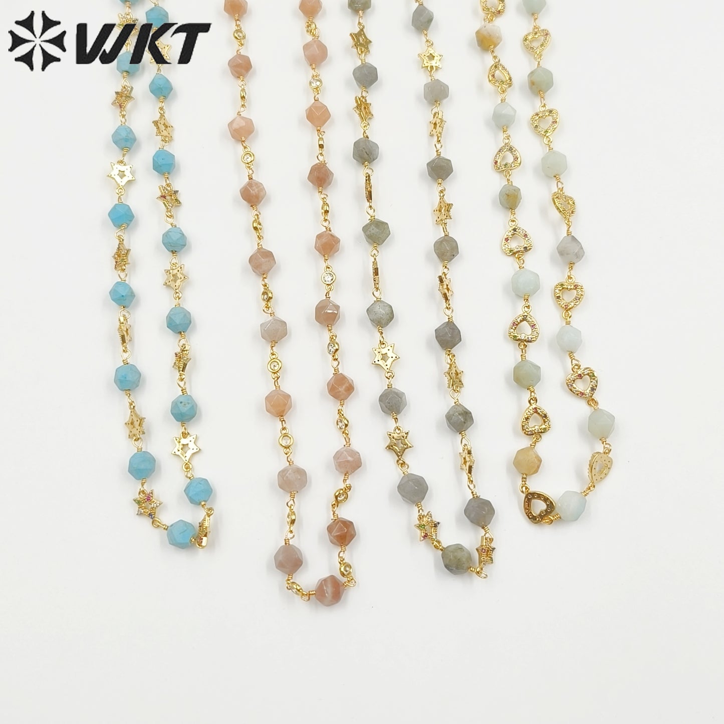 WT-N1435 Gorgeous Natural Colorful Beads Chain 90cm Long Handmade Wire Wrapped Rosary Beads Chain Necklace