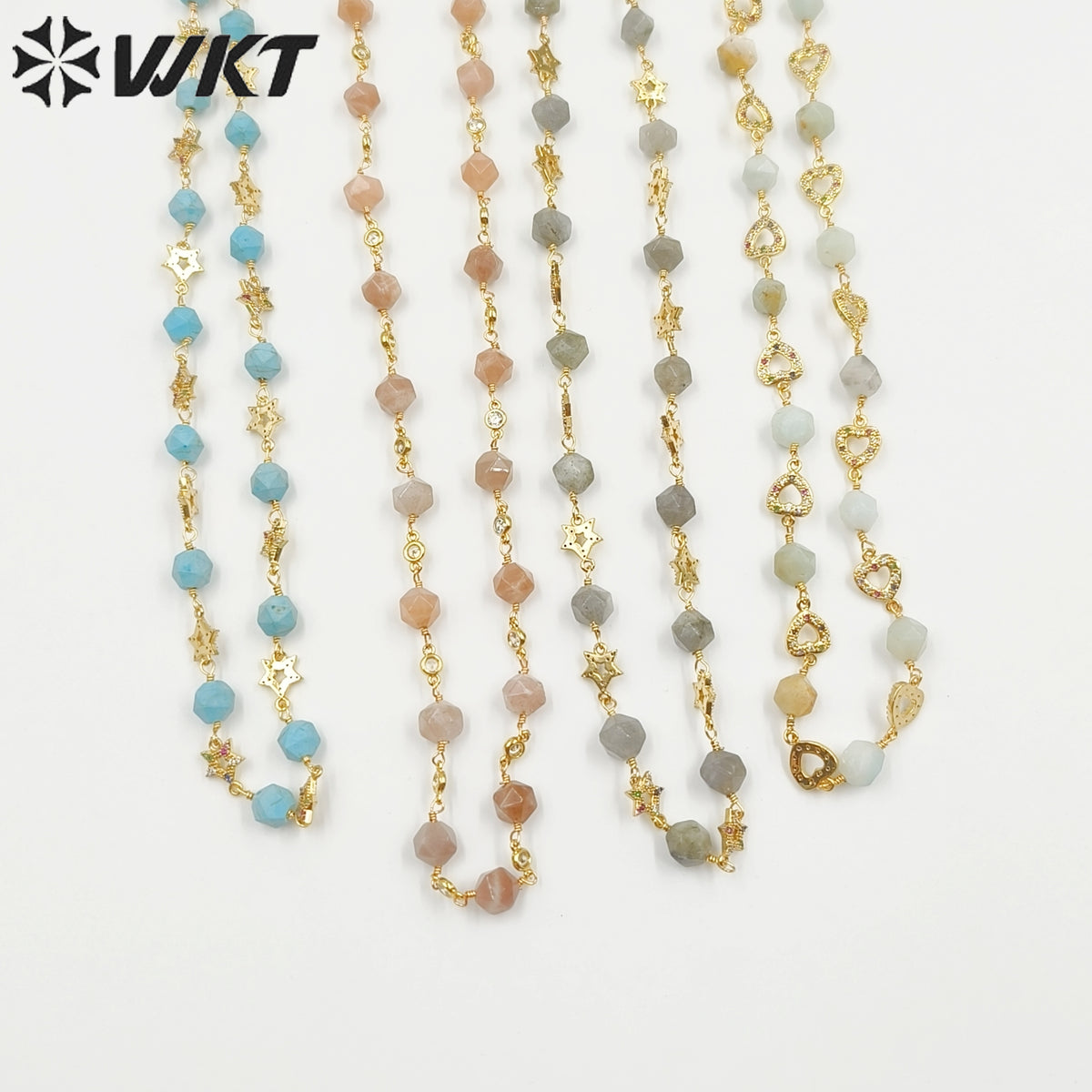 WT-N1435 Gorgeous Natural Colorful Beads Chain 90cm Long Handmade Wire Wrapped Rosary Beads Chain Necklace