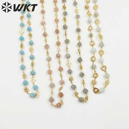 WT-N1435 Gorgeous Natural Colorful Beads Chain 90cm Long Handmade Wire Wrapped Rosary Beads Chain Necklace