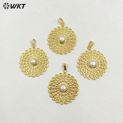 WT-JP364 Amazing Fashion Gold Plated Hollow 18K Real Gold Plated Resist Tarnishable Real Pearl Pendant for Women