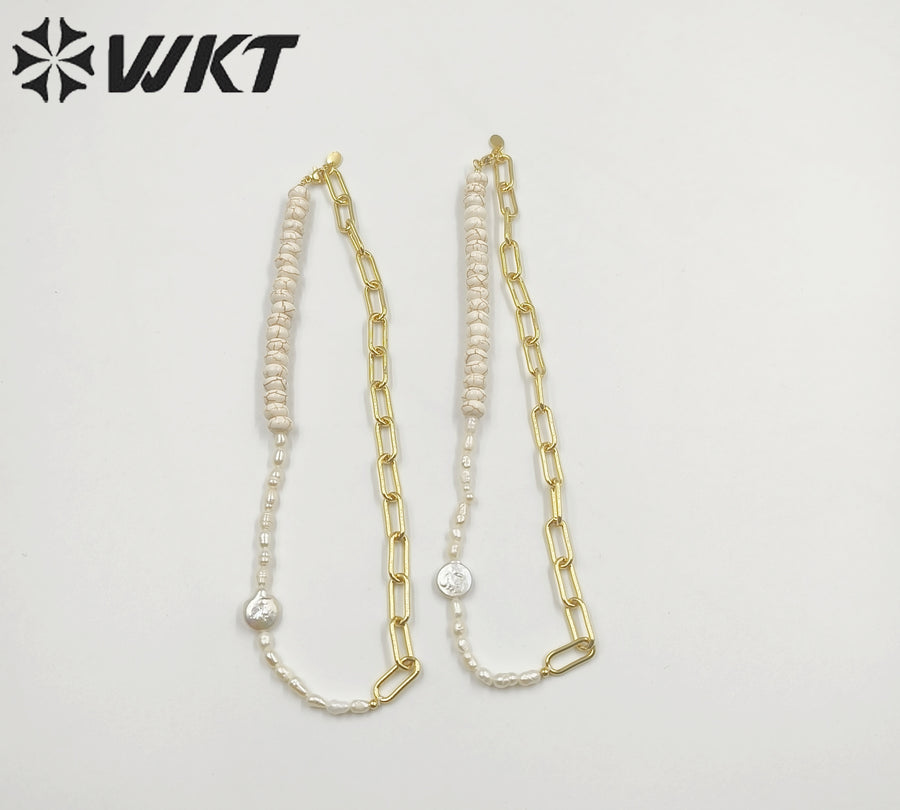 WT-JN243 Wholesale Vintage Trendy Turquoise and Pearl 18k Chain Gold Plated Elegant Exquisite High Quality Pendant Necklace