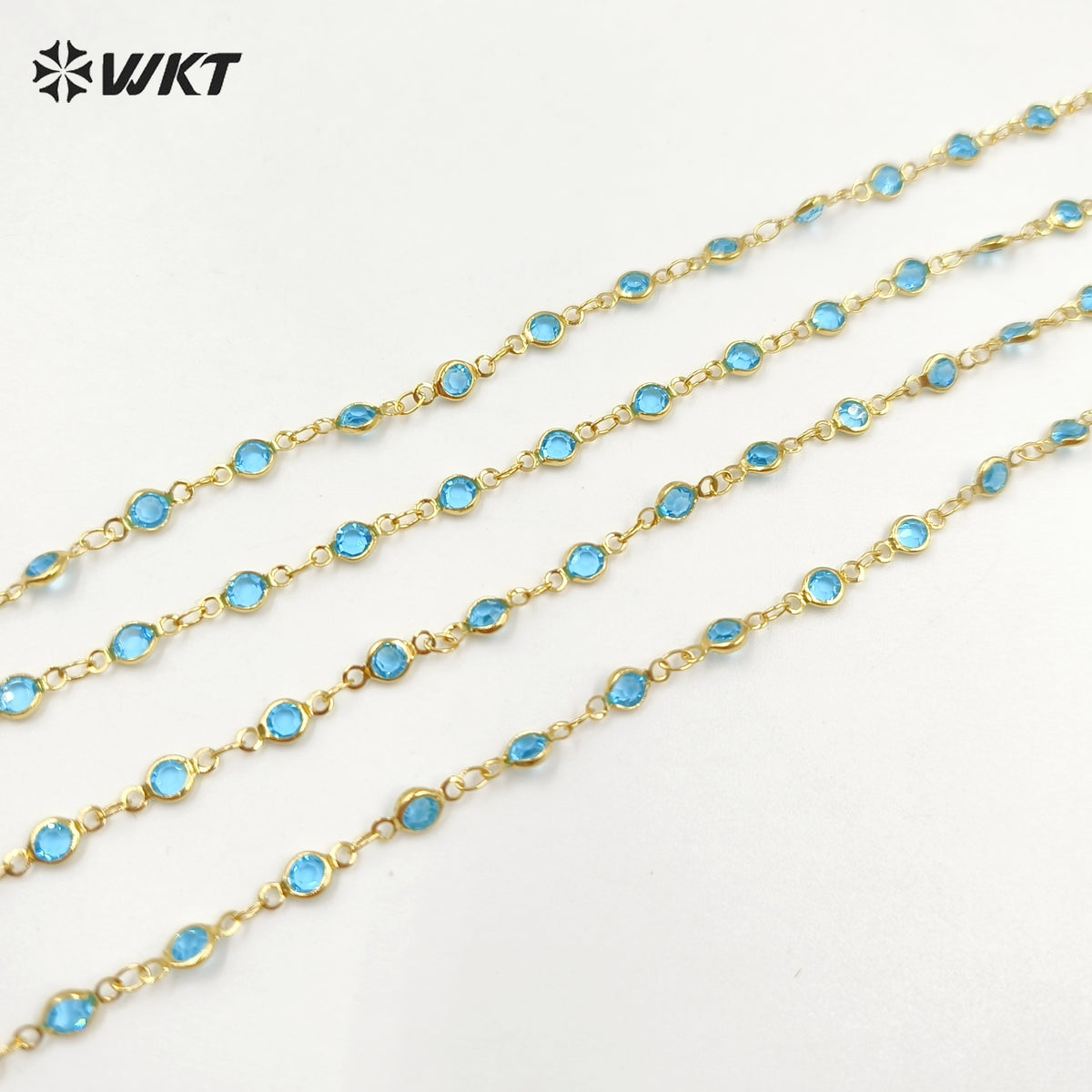 WT-RBC230 Super Hot 18K Real Gold Plated Aqua Crystal Round Beads Chain for Women Jewelry Necklace DIY Design Findings