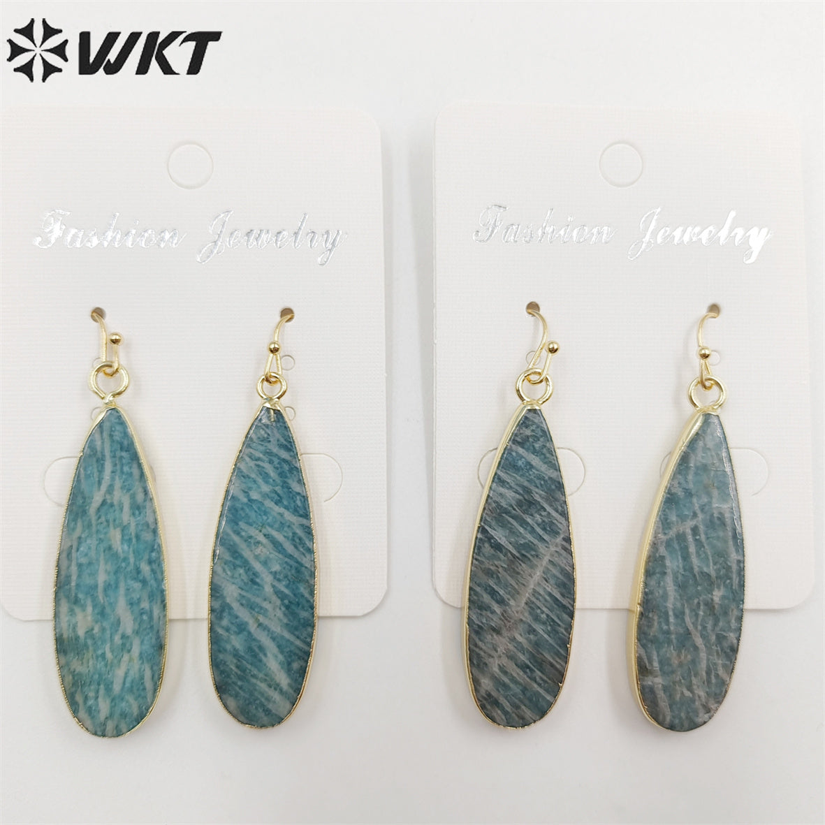 WT-E196 Newest Long Fashion Amazonite Teardrop Earrings, Fashion Gold Plated Stone Teardrop Earrings