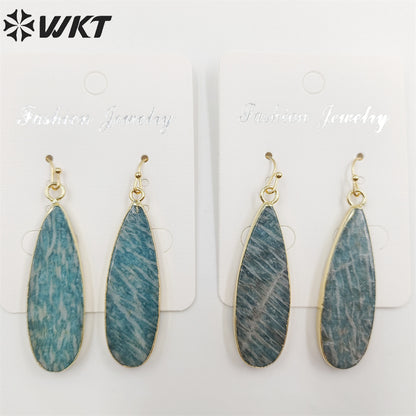 WT-E196 Newest Long Fashion Amazonite Teardrop Earrings, Fashion Gold Plated Stone Teardrop Earrings