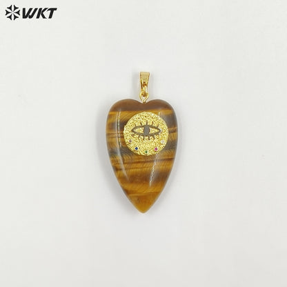 WT-P2047 Romantic Gold Plated Zircon And Tiger Eye Natural Gemstones Heart Shape Pendants As Lovely Handmade Jewelry Accessory