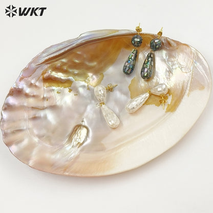 WT-MPE191 Gorgeous Trendy Natural White And Abalone Shell Waterdrop Shape Gold Earrings For Women Vintage Style Jewelry