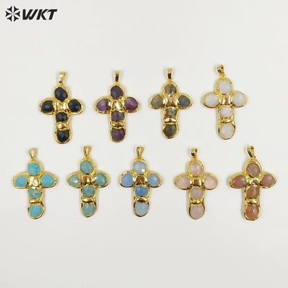 WT-P2027 Amazing Back Full Gold Plated Amazonite Multi Colors Natural Gemstones Cross Shape Pendants For Popular Necklace DIY