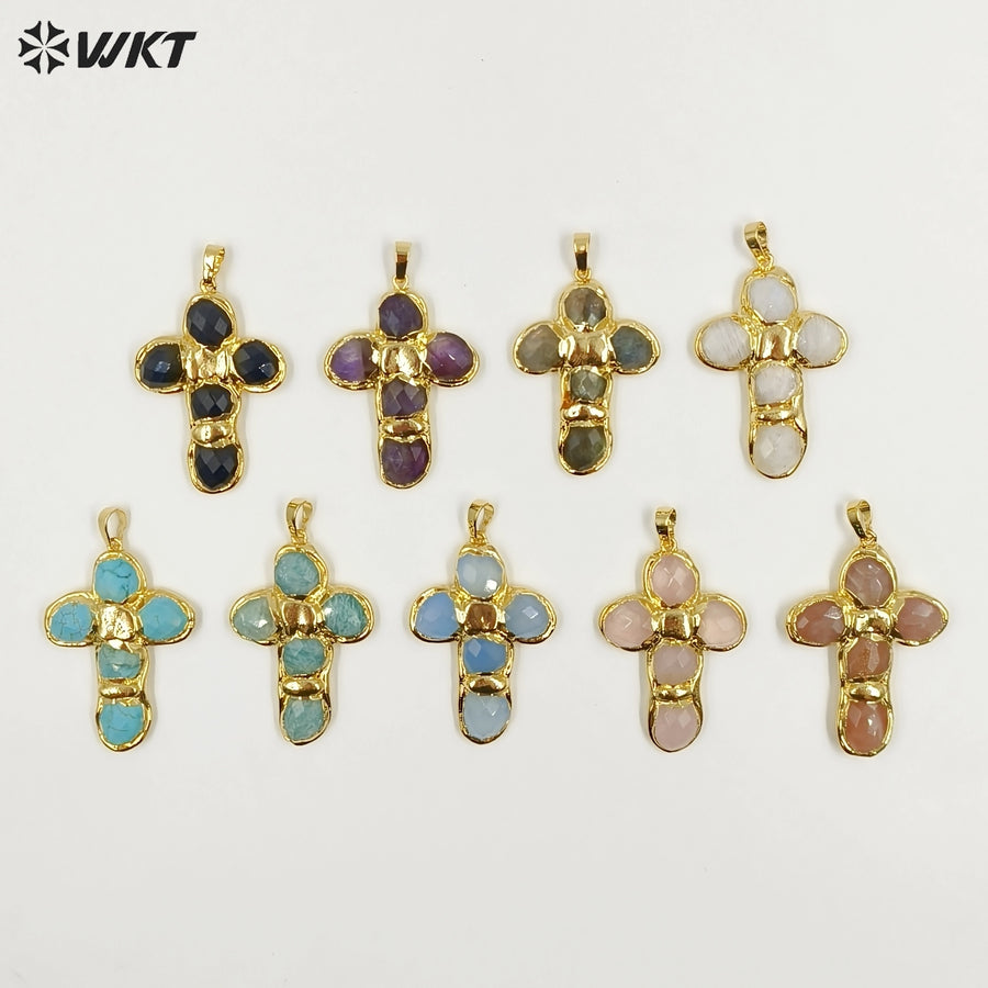 WT-P2027 Amazing Back Full Gold Plated Amazonite Multi Colors Natural Gemstones Cross Shape Pendants For Popular Necklace DIY