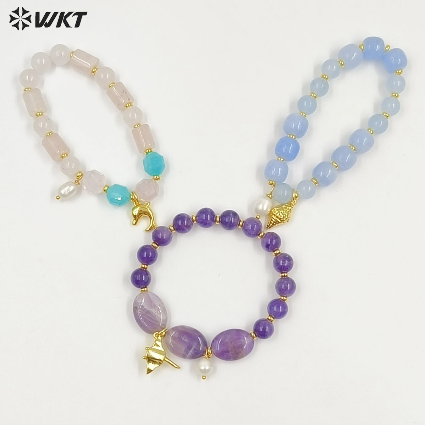 WT-B712 Beautiful Natural Gemstones Beads With Little Pearl And Shell Star Charms Gold Bracelets As Fashion Jewelry Accessory