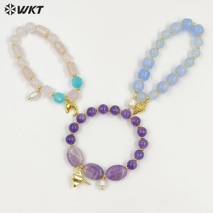 WT-B712 Beautiful Natural Gemstones Beads With Little Pearl And Shell Star Charms Gold Bracelets As Fashion Jewelry Accessory
