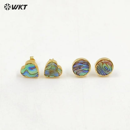WT-E170 Wholesale Natural Abalone Shell Studs in 18k Real Gold Plated Resist Tarnished Lady Triangle Studs