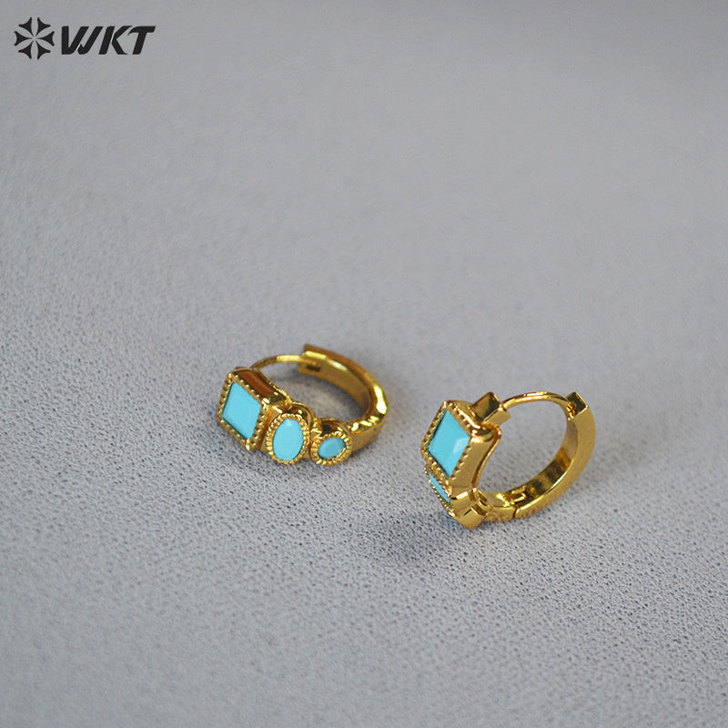 WT-E821 Fashionable Popular Natural Turquoise Copper Plated With Gold Little Earrings As Women Holiday Wearing Accessory