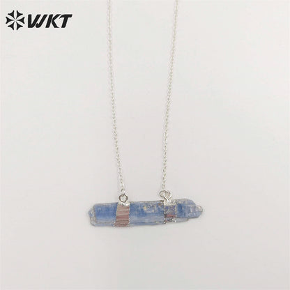 WT-N482 Wholesale Raw Blue Kyanite Double Loops Necklace With 18" Long Chain Natural Raw Blue Stone Kyanite Necklace