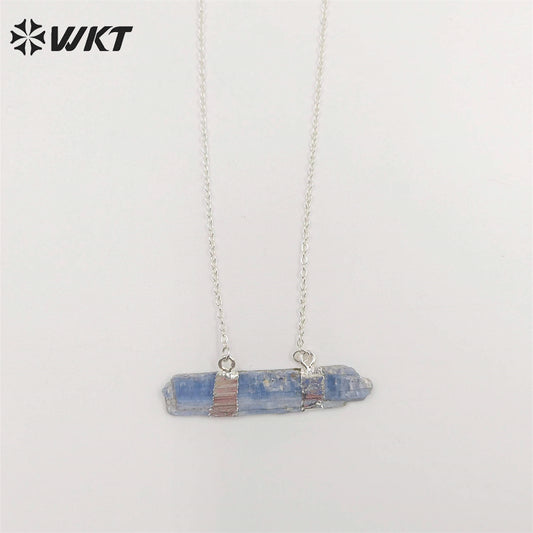 WT-N482 Wholesale Raw Blue Kyanite Double Loops Necklace With 18" Long Chain Natural Raw Blue Stone Kyanite Necklace