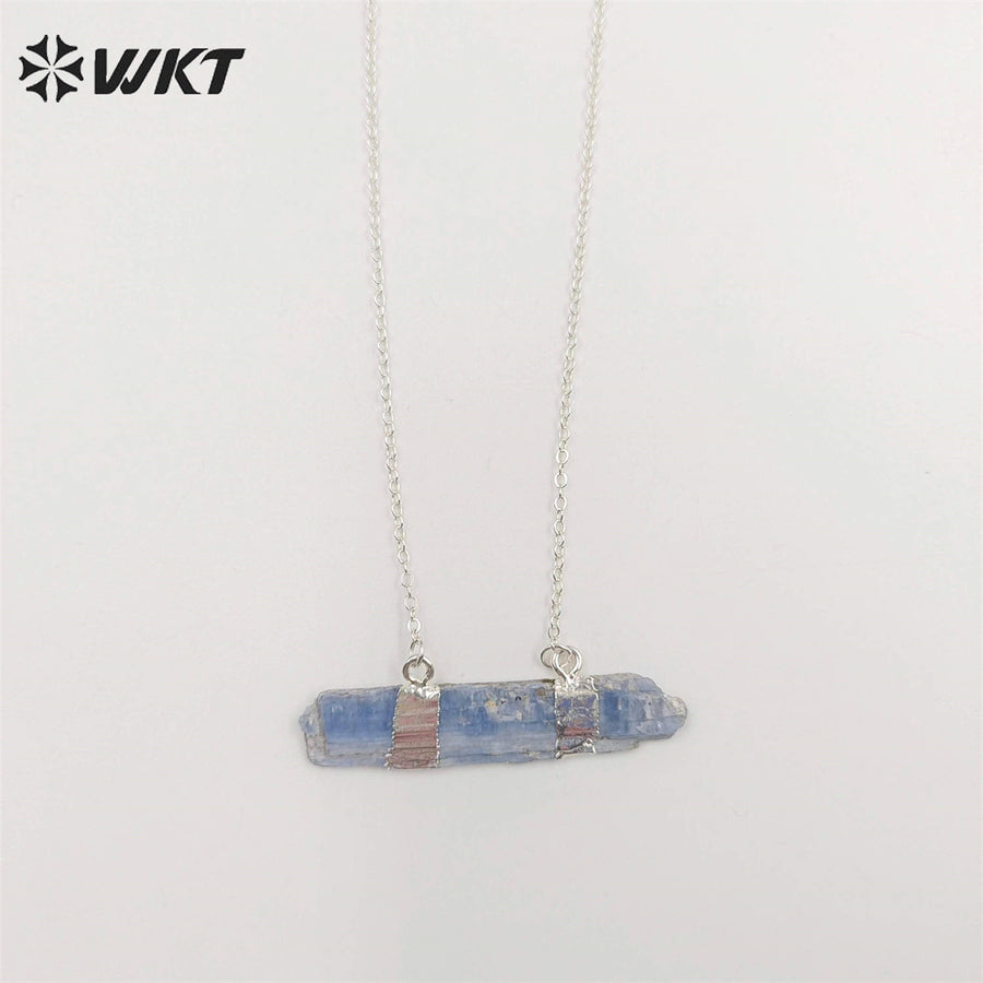 WT-N482 Wholesale Raw Blue Kyanite Double Loops Necklace With 18" Long Chain Natural Raw Blue Stone Kyanite Necklace