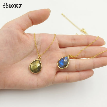 WT-N586 Wholesale Lovely Chic Labradorite Stone Necklace, Fashion Gold Bezel Drop Charm Stone Necklace