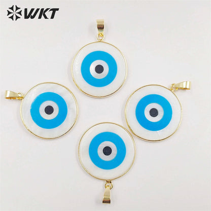 WT-JP330 WKT Newest Fashion Gold Bezel Charming Blue Turquoise Eye Pendant Big Turkey Eye Healing Shell Necklace Pendant