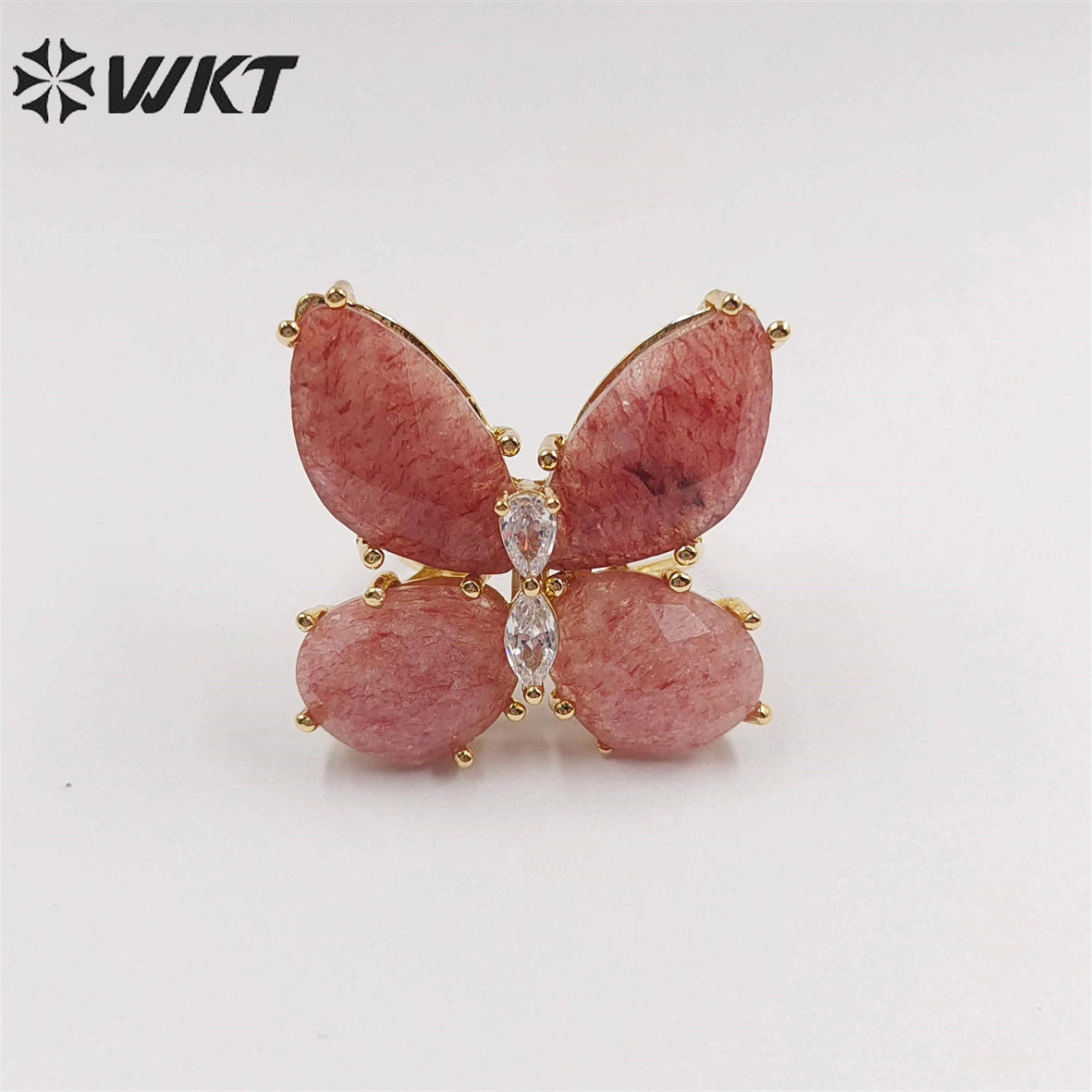 WT-R463 Wholesale Newest Handmade Design Ins Popular Stone Ring Natural Rose Quartz butterfly Ring for Girl Daily Party Ring