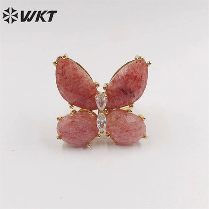 WT-R463 Wholesale Newest Handmade Design Ins Popular Stone Ring Natural Rose Quartz butterfly Ring for Girl Daily Party Ring