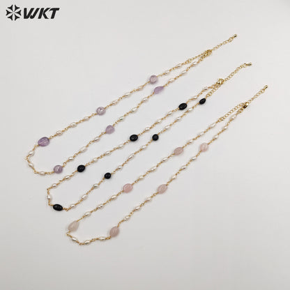 WT-JN246 Wholesale Vintage Pearl and Stone Natural 18k Chain Gold Plated Exquisite High Quality Beads Necklace