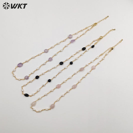 WT-JN246 Wholesale Vintage Pearl and Stone Natural 18k Chain Gold Plated Exquisite High Quality Beads Necklace