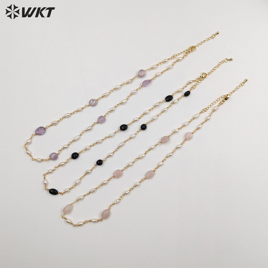 WT-JN246 Wholesale Vintage Pearl and Stone Natural 18k Chain Gold Plated Exquisite High Quality Beads Necklace
