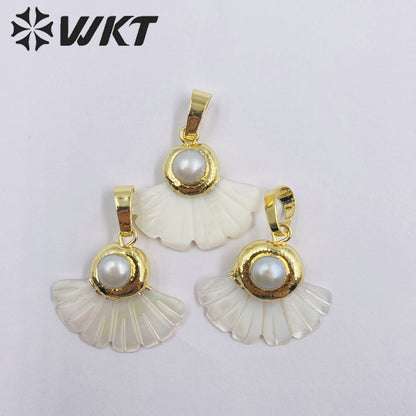WT-JP344 WKT Classic Vintage Hot Selling Fan Design Freshwater Pearl Luxury Scallop Shell Necklace Pendants for Daily