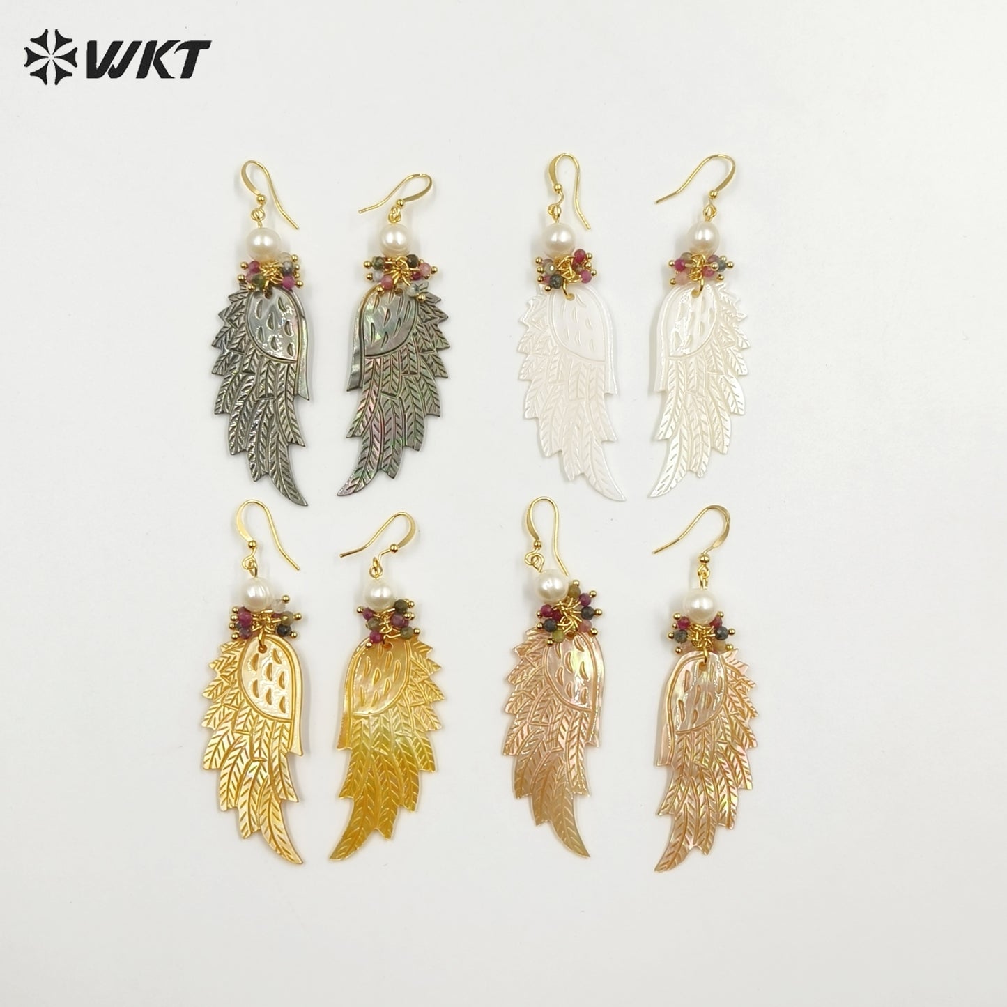 WT-MPE103 Latest Style Shell and Tourmaline Beads 22*53mm Wing Shaped 18k Gold Plated Gift Weeding Romantic Pendant Earrings