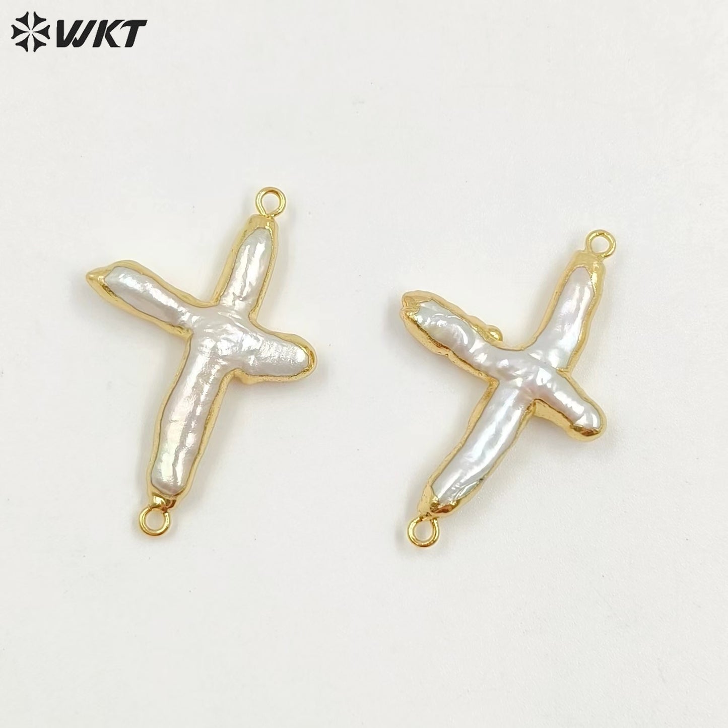 WT-C095 Wholesale Amazing Double Loops Freshwater Pearl Cross Pendant for Jewelry Findings Irregular Natural Real Pearl Cross