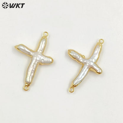 WT-C095 Wholesale Amazing Double Loops Freshwater Pearl Cross Pendant for Jewelry Findings Irregular Natural Real Pearl Cross