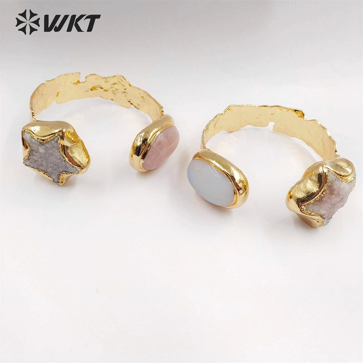 WT-B626 WKT Exclusive New Double Stone Star Quartz Bangle Gorgeous 18k Gold Electroplated Resist Tarnishable Green Chalcedony