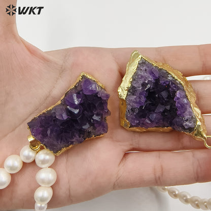 WT-JN259 Amazing Gorgeous Winter Rice Pearl With Big Natural Raw Druzy Amethyst Stone Necklace for Sweater