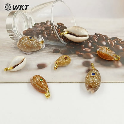 WT-JP495 Unique Style First Snow Cowrie Shell And Colorful Zircon Gold Pendants As Female Handmade Necklace Bracelet Findings