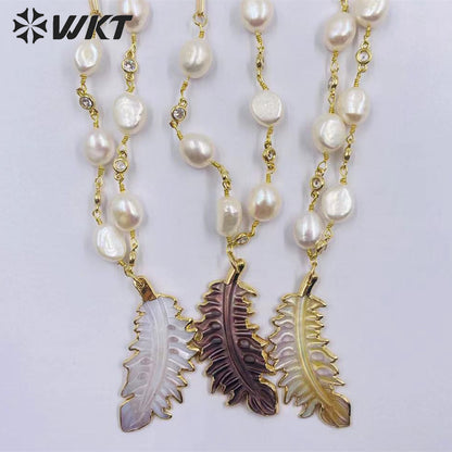 WT-JN234 Wholesale Newest Fashion Feather Freshwater Pearl Necklace Gorgeous Multi- Color Optional Pearl Fancy Chain Necklace