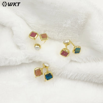 WT-R573 Wonderful Vintage Style 18K Gold Plated Double Natural Stones And Pearl Adjustable Women Rings As Party Present