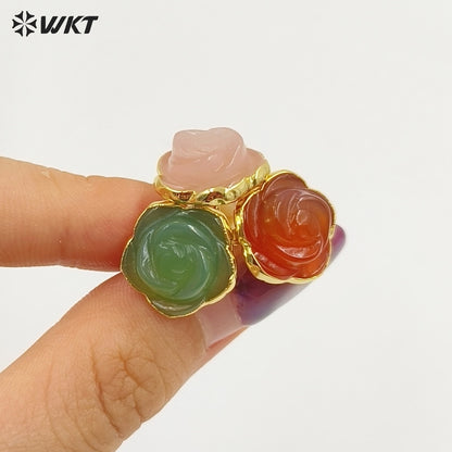 WT-E813 Exquisite Gold Plated Natural Gemstone Hand Carved Rose Flower Shape Little Earrings Studs For Lady Daily Jewelry