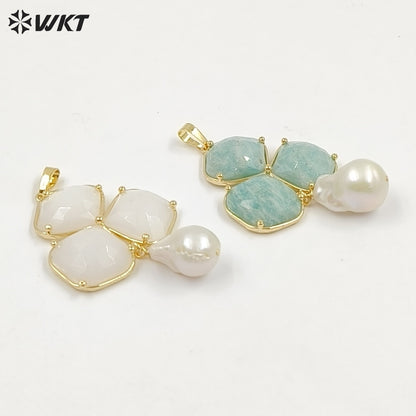 WT-JP506 Newest Wonderful 18K Gold Plated Three Natural Gemstones And Pearl Pendant For Female Earrings Jewelry Making