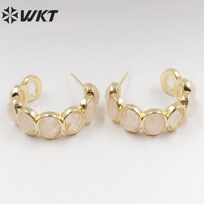 WT-E707 Amazing Fashion Women Natural Gemstone Setting Letter C Crescent Horn Earrings Lady Anniversary Earrings