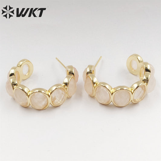 WT-E707 Amazing Fashion Women Natural Gemstone Setting Letter C Crescent Horn Earrings Lady Anniversary Earrings