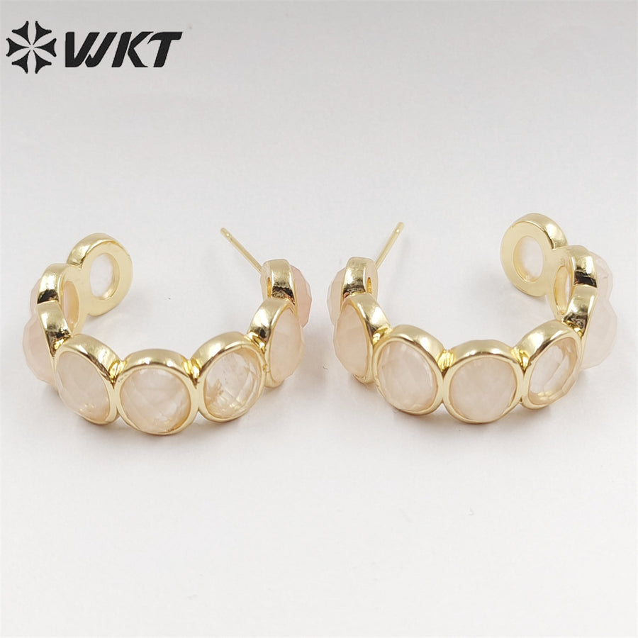 WT-E707 Amazing Fashion Women Natural Gemstone Setting Letter C Crescent Horn Earrings Lady Anniversary Earrings