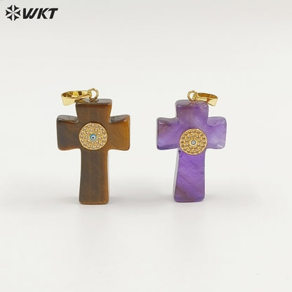 WT-P2046 Hot Sales Vintage Style Rose Quartz Multi Natural Gemstones With Zircon Cross Pendants For Women Fashion Jewelry Making