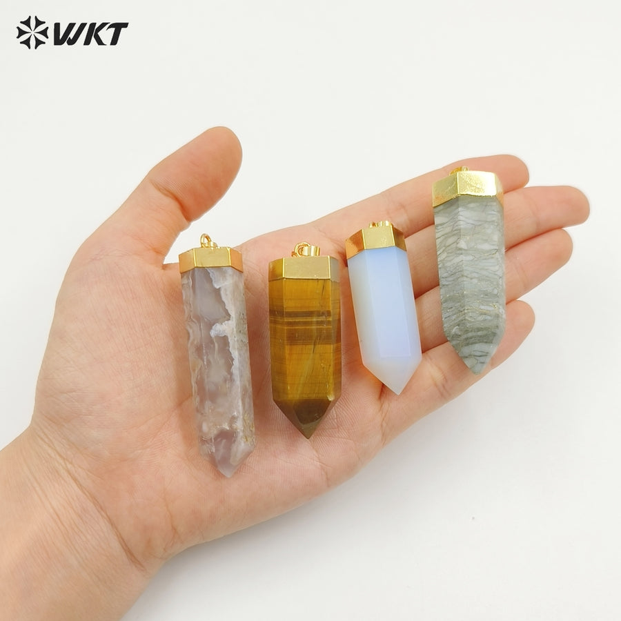 WT-P2007 Natural Precious Hexagon Gemstone Quartz Point Bullet Pendant with Gold Plated on Top Energy Jewelry Pendants