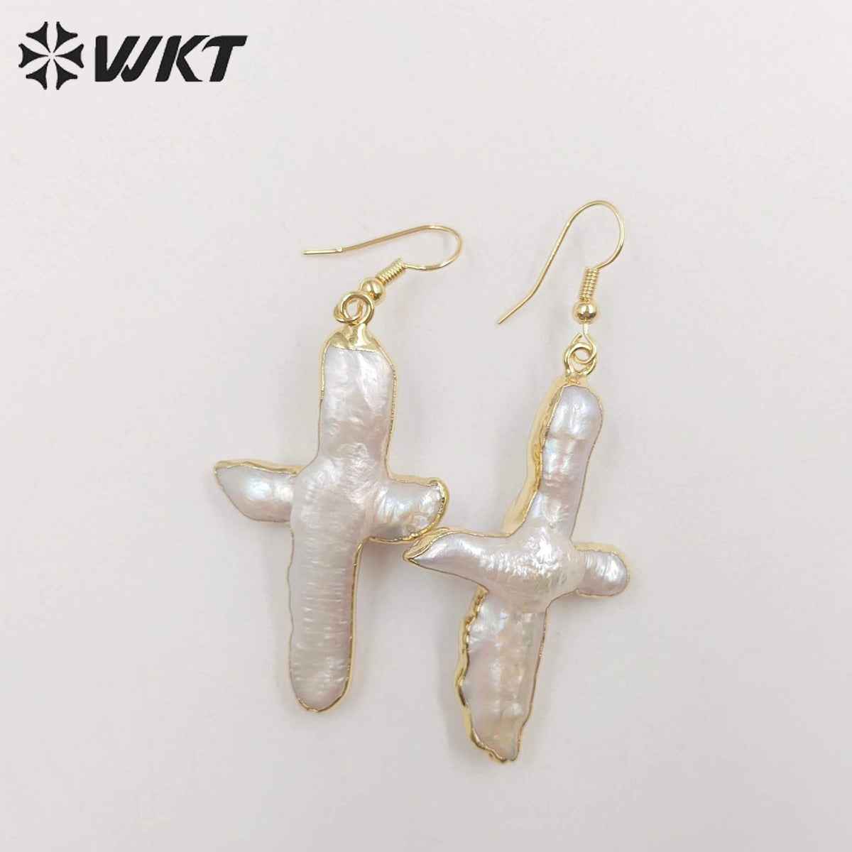 WT-E071 Super Hot Christian Religious Cross Earrings 18k Real Gold Plated Dangle Natural Freshwater Pearl Earrings for Wedding