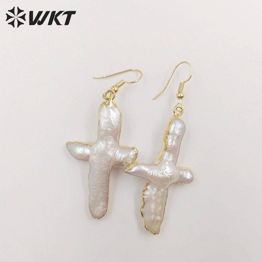 WT-E071 Super Hot Christian Religious Cross Earrings 18k Real Gold Plated Dangle Natural Freshwater Pearl Earrings for Wedding