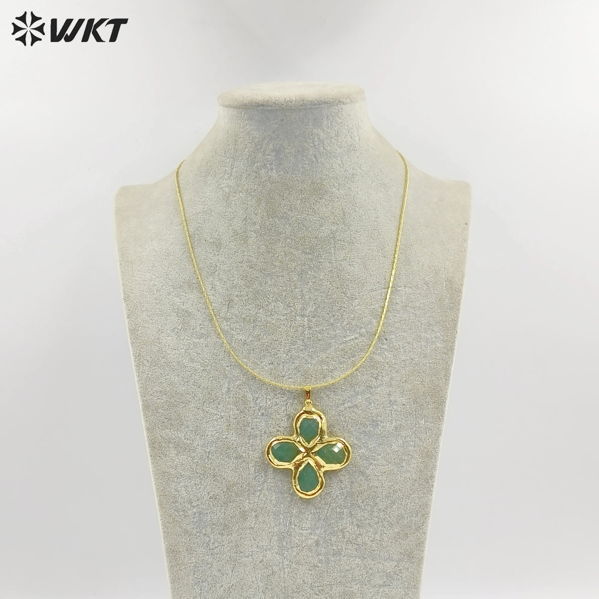 WT-N1542 Popular Fashion Gold Plated Thin Chain With Natural Gemstone Four Leaf Clover Pendant Necklace For Lady Birthday Gift