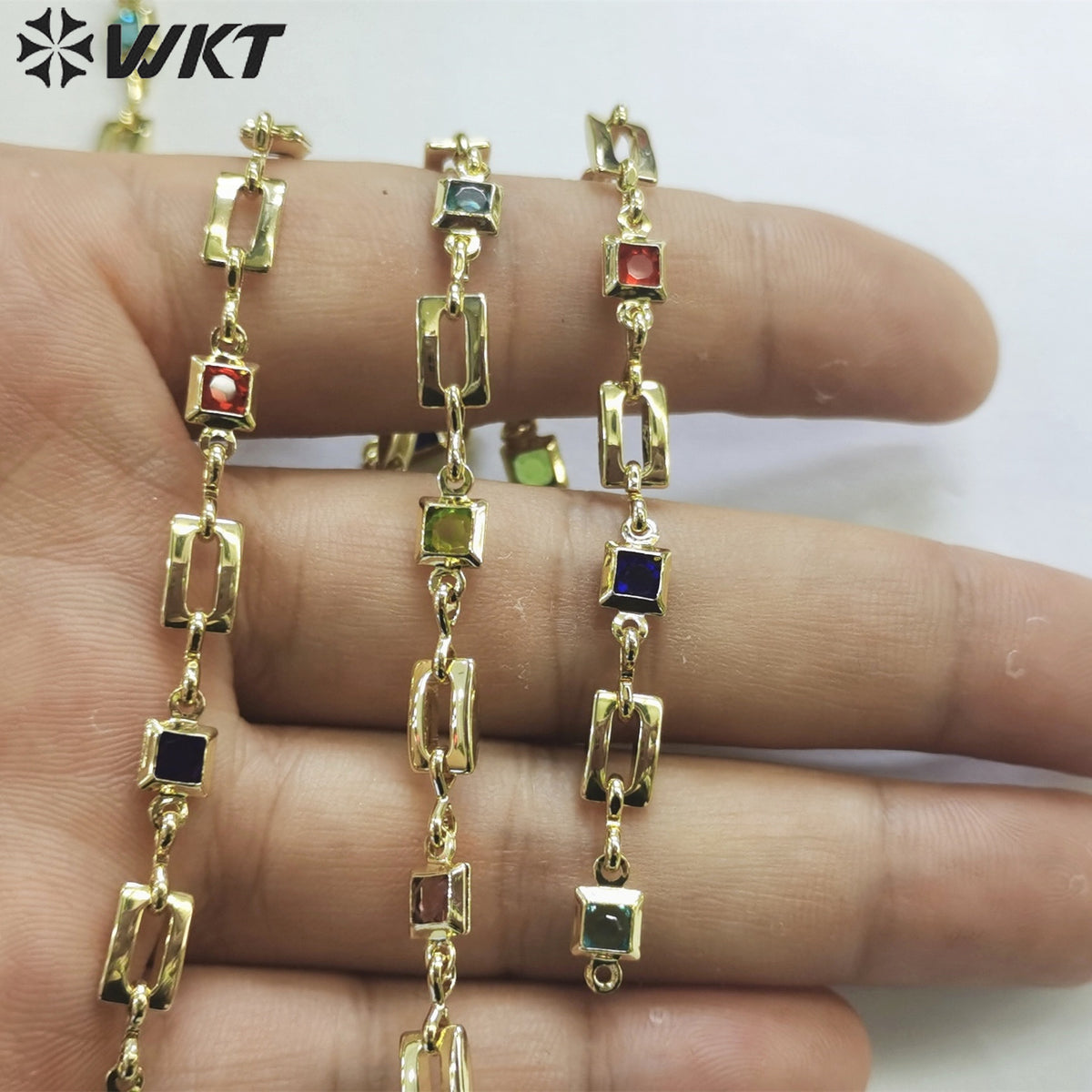 WT-RBC212 Wholesale Fashion Gold Plated Resist Tarnishable Colorful Cubic Zircon Chain square Cz Jewelry Necklace Chain