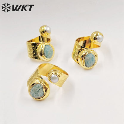 WT-R438 Amazing Hot Double Stone Ring for Women 18k Real Gold Plated Resist Tarnishable Amazonist Pearl Ring for Birthday